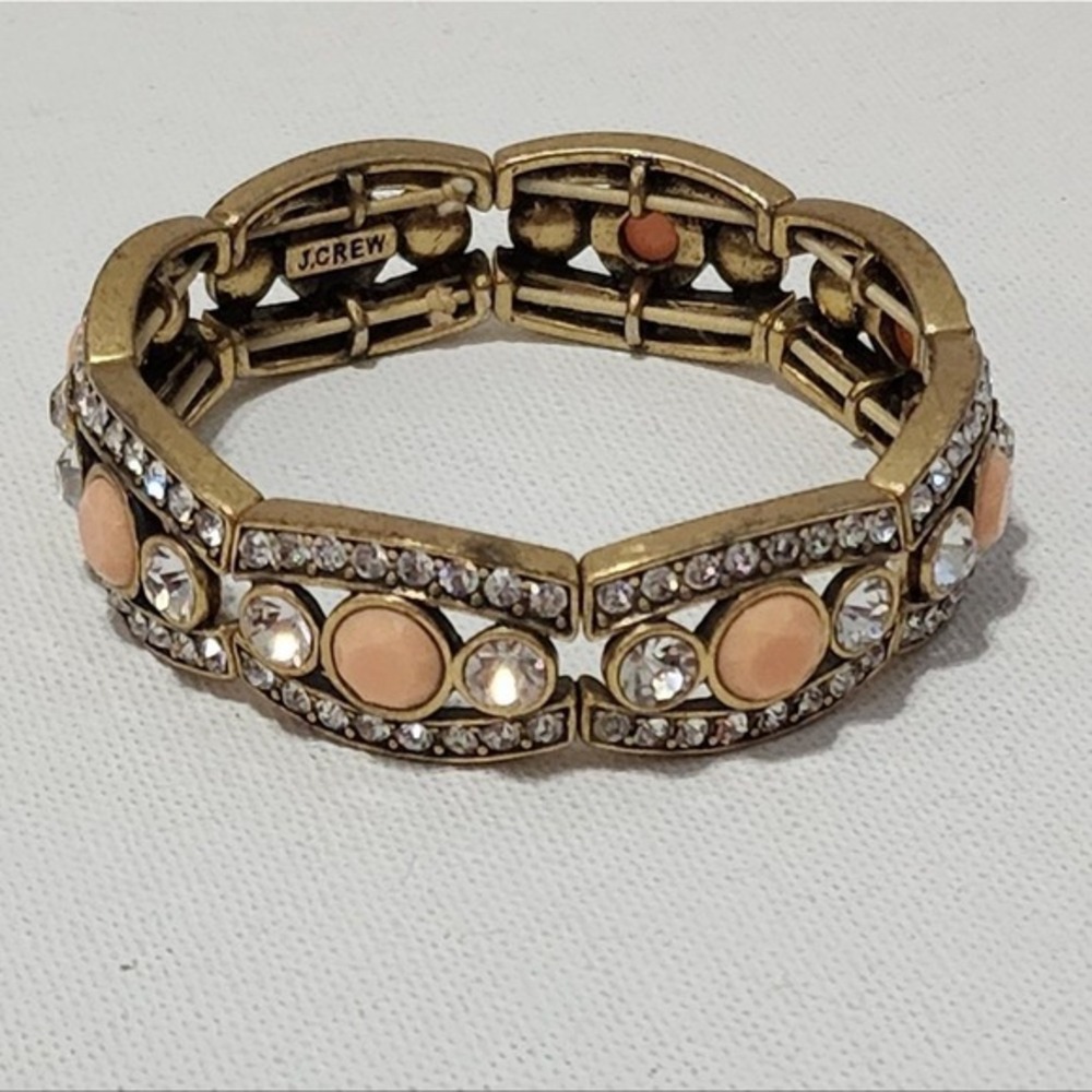 J Crew Antique Gold Tone Peach Cabochon Crystal Stretch Panel Statement Bracelet